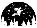 Witch flying on a broomstick at night. Black and white illustration of a witch for halloween celebration. Vector drawing