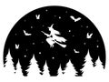 Witch flying on a broomstick at night. Black and white illustration of a witch for halloween celebration. Vector drawing