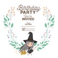 Witch flying with floral decoration invitation card Royalty Free Stock Photo