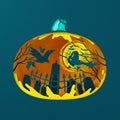 Witch flying in the halloween night infront of the moon in pumpkin silhouette. 3d illustration Royalty Free Stock Photo