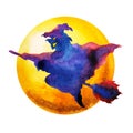 Witch Flying Halloween Night Yellow Full Moon Party Watercolor