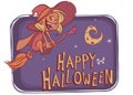 Witch flying on her broom on bight background with funny moon. Vector illustration for Halloween poster or party invitation Royalty Free Stock Photo