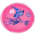 Witch Flying On Her Broom Isolated. Vector Illustration For Halloween Poster Or Party Invitation.