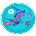 Witch Flying On Her Broom Isolated. Vector Illustration For Halloween Poster Or Party Invitation.