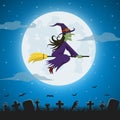 Witch Flying On A Magic Broomstick Against The Full Moon