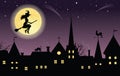 Witch flying over a town. Royalty Free Stock Photo