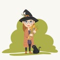 A witch girl in a black hat holds in her hands a bouquet of flowers, volley herbs and spikelets of cereals