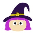 Witch girl face wearing curl hat. Happy Halloween. Cartoon funny spooky baby magic character. Cute head. Greeting card. Flat desig Royalty Free Stock Photo