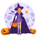 Witch girl with a fireball in her hand and Halloween orange pumpkins on the background of a full moon and bats Royalty Free Stock Photo