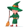 Witch girl stands and holds a broom Royalty Free Stock Photo