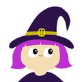 Witch girl wearing curl hat. Cartoon funny spooky baby magic character. Happy Halloween. Cute head face. Greeting card. Flat desig Royalty Free Stock Photo