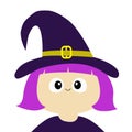 Witch girl wearing curl hat costume. Cartoon funny spooky baby magic character. Happy Halloween. Cute head face. Greeting card. Fl Royalty Free Stock Photo