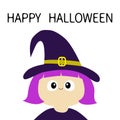 Witch girl wearing curl hat. Happy Halloween. Cartoon funny spooky baby magic character. Cute head face. Greeting card. Flat desig Royalty Free Stock Photo