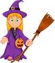 Witch Halloween Cartoon with broom and pumpkin bag Royalty Free Stock Photo