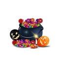 Witch Halloween potion pot full of candy and candy in cartoon style. A pot of sweets isolated on a white background