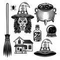 Witch and halloween set of vector graphic objects