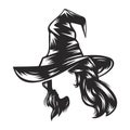 Witch hand drawn line art. Halloween vintage Flash tattoo or print design vector illustration