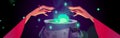 Witch hands doing magic over cauldron with potion