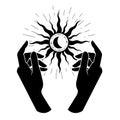 Witch hands hold sun, black star with moon, occultism and esoteric practice, mystical spells and witchcraft