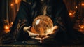 Witch hands holding crystal ball, peering into the future. Generative Ai