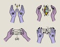 Witch hands set holding threads, crystals and sparkles, lunar and eye marks, boho mystical witchy hand drawn style Royalty Free Stock Photo