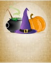 Witch hat, boiling cauldron and pumpkin
