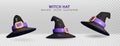 Witch hat from different angles. Realistic costume element for Halloween celebration. Realistic 3d Vector. Royalty Free Stock Photo