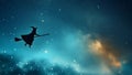 Witch in hat flies on broomstick against starry sky at night Royalty Free Stock Photo