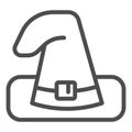 Witch hat line icon. Wizard black magic cap. Halloween party vector design concept, outline style pictogram on white