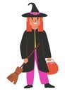 Witch in hat and mantle, with broom and pumpkin with sweets. Cute little girl in halloween costume. Flat cartoon vector Royalty Free Stock Photo