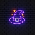 Witch hat neon in fantasy style on light background. Vector illustration