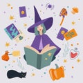 A witch in a hat reads a spell from a magic book. She is surrounded by magical objects tarot cards black cat potion poisonous