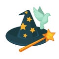 Witch hat with stars, magic wand and dove isolated