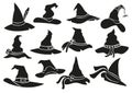 Witch hat stencil icons. Halloween sorceress cap, wizard hat silhouette and spooky scary masquerade hats vector set