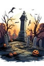 Witch, Haunted House, Pumpkins, Bats. Halloween Holiday Design. Scary pumpkin head. Generative Ai Royalty Free Stock Photo