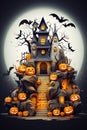 Witch, Haunted House, Pumpkins, Bats. Halloween Holiday Design. Scary pumpkin head. Generative Ai Royalty Free Stock Photo