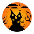 Witch or haunted house silhouette on the hill in a round shaped background. House, crescent, bats and black cat outline Royalty Free Stock Photo