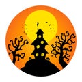 Witch or haunted house silhouette on the hill in a round shaped background. House, full moon, bats and pumpkins outline Royalty Free Stock Photo