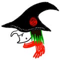 Witch head, cartoon character for Halloween holidays. Female witch portrait in black hat with rose flower, red scarf, curved nose