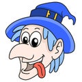 Witch head emoticon sticking out her tongue. doodle icon image Royalty Free Stock Photo