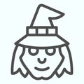 Witch head in hat line icon. Woman with evil face silhouette. Halloween vector design concept, outline style pictogram Royalty Free Stock Photo