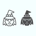 Witch head in hat line and solid icon. Woman with evil face silhouette. Halloween vector design concept, outline style Royalty Free Stock Photo