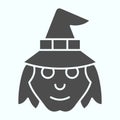 Witch head in hat solid icon. Woman with evil face silhouette. Halloween vector design concept, glyph style pictogram on Royalty Free Stock Photo