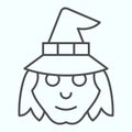 Witch head in hat thin line icon. Woman with evil face silhouette. Halloween vector design concept, outline style Royalty Free Stock Photo