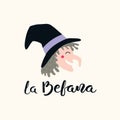 Witch head illustration, la Befana lettering Royalty Free Stock Photo