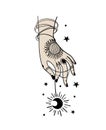 Witch holding with hand amulet with crescent moon, simple boho tattoo hand drawing, modern vintage design. Magic symbol Royalty Free Stock Photo