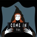 Witch holding placard. Haunted House invitation banner Royalty Free Stock Photo