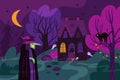 Witch house in dark forest. Mystery night home. Halloween wood. Horror castle. Ghosts and black cat. Spooky landscape Royalty Free Stock Photo