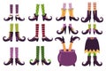 Witch legs. Cartoon witches feet in shoes boots stockings cauldron pot, halloween witching leg green dress skirt costume