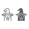 Witch line and glyph icon, witchcraft and halloween, witch face sign, vector graphics, a linear pattern on a white